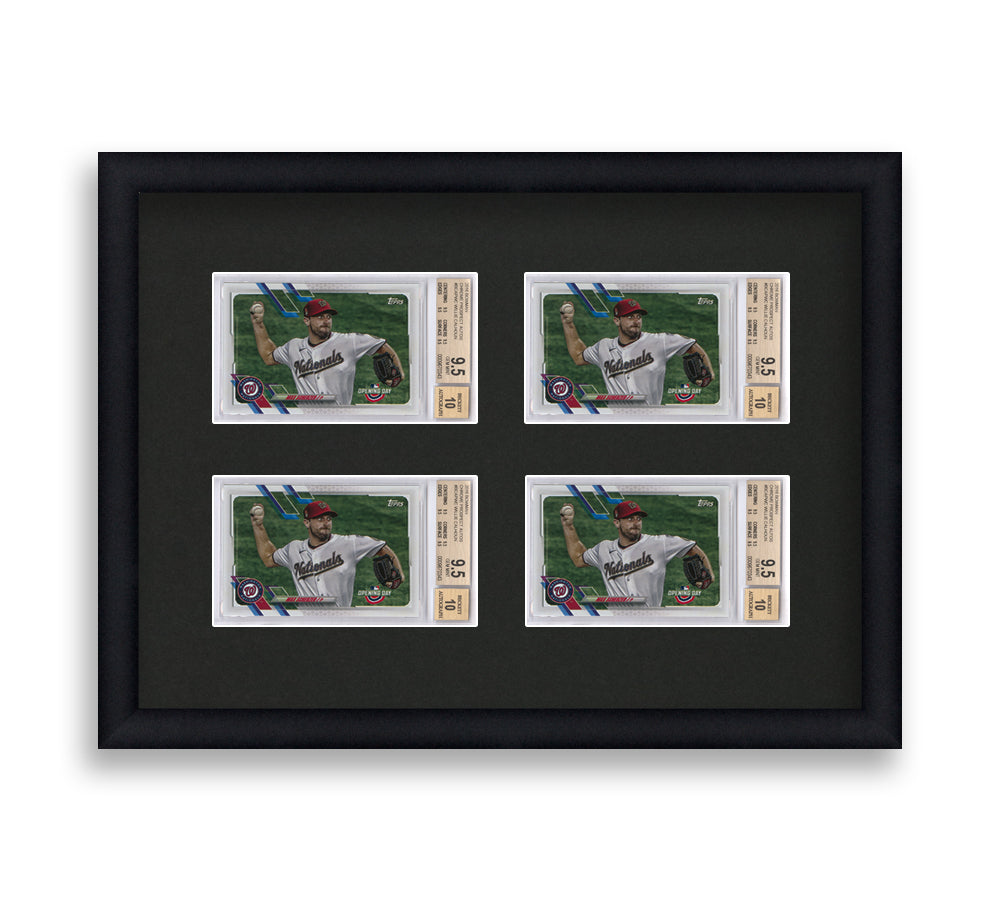 BGS Framed Card Display holds 4 horizontal BGS graded slabs in a 2x2 layout with a black background and black frame