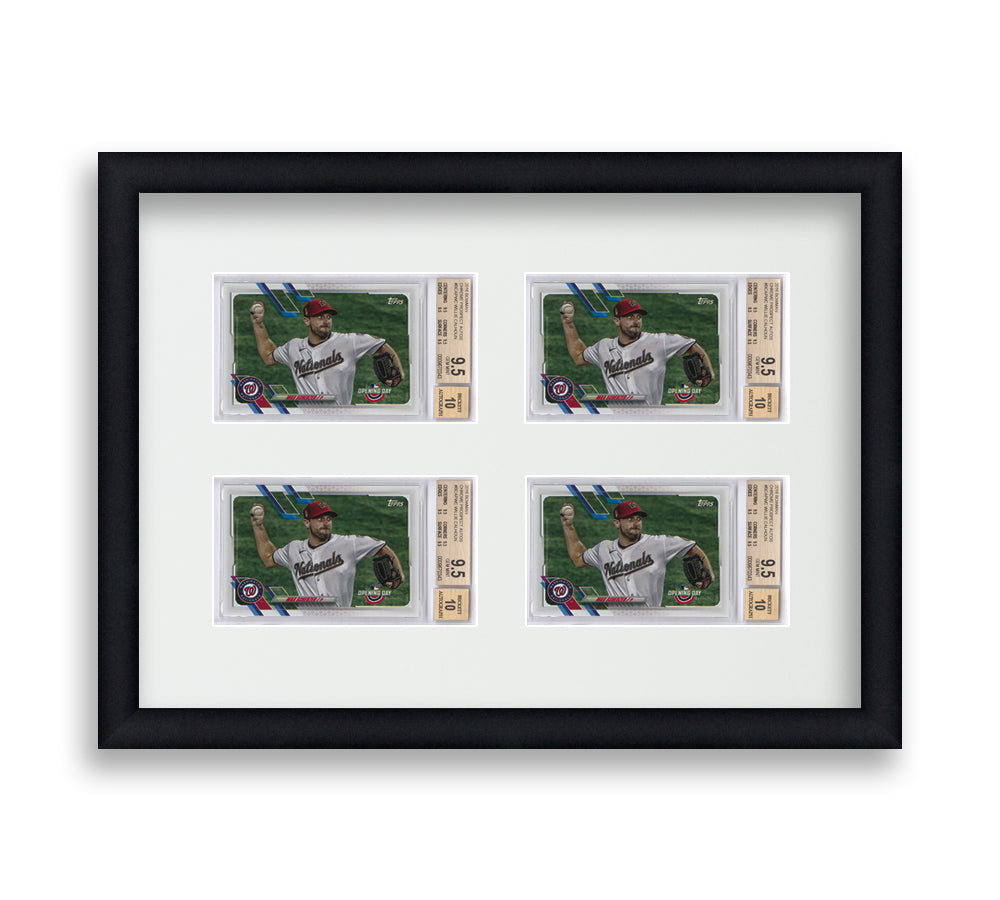 BGS Framed Card Display holds 4 horizontal BGS graded slabs in a 2x2 layout with a white background and black frame