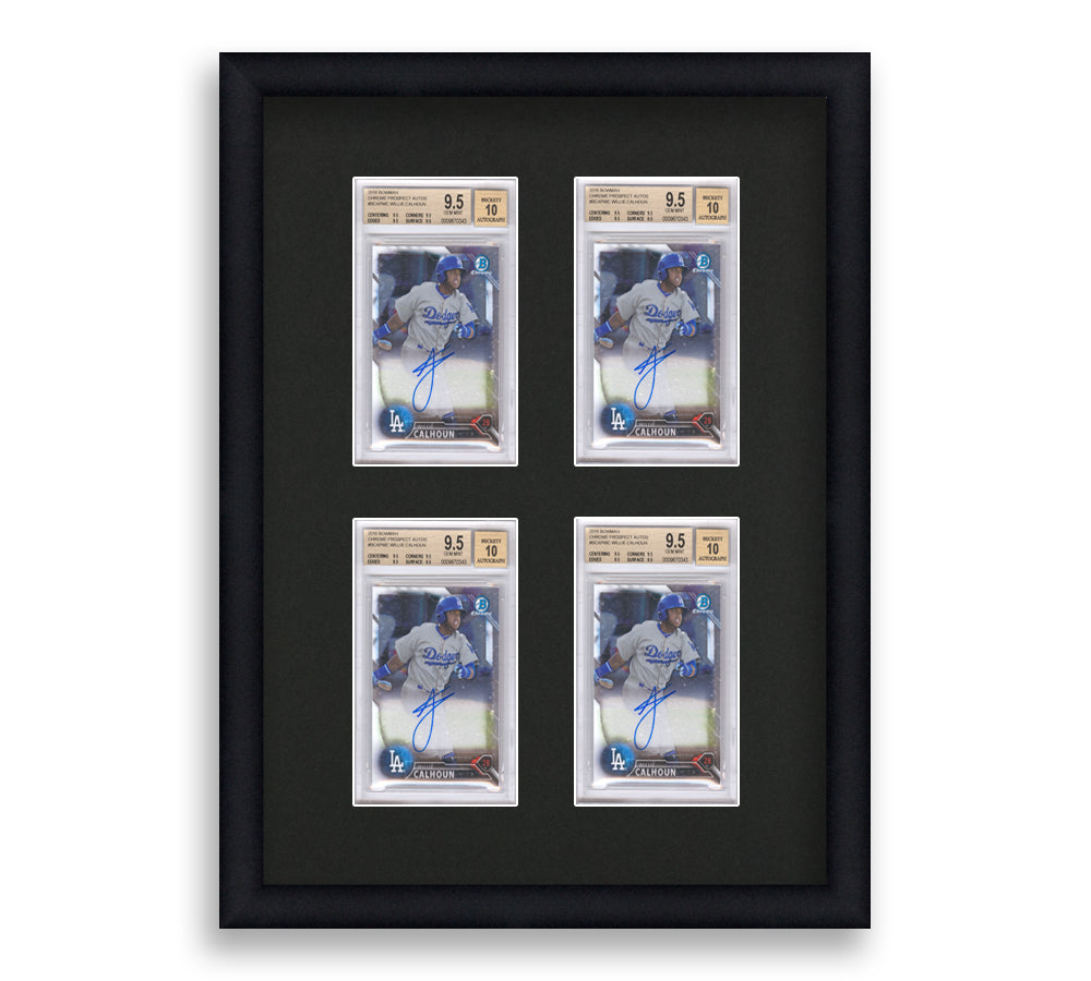 BGS Framed Card Display holds 4 BGS graded slabs in a 2x2 layout with a black background and black frame