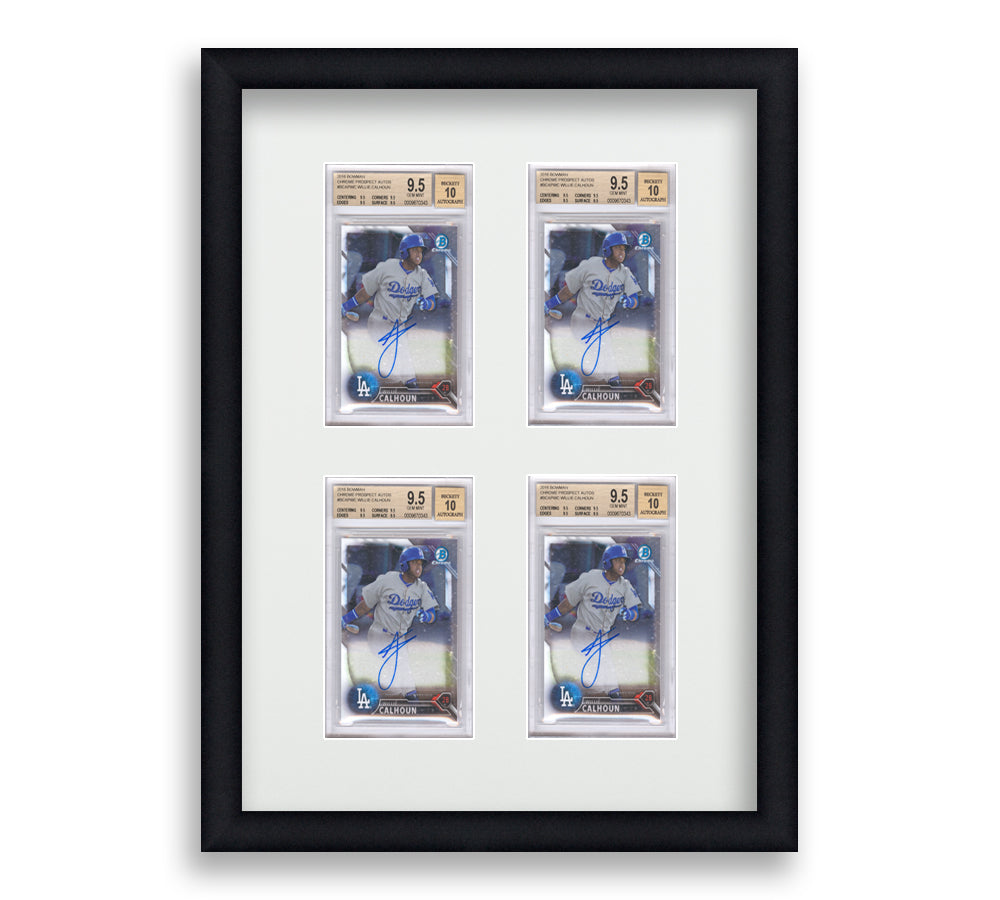 BGS Framed Card Display holds 4 BGS graded slabs in a 2x2 layout with a white background and black frame