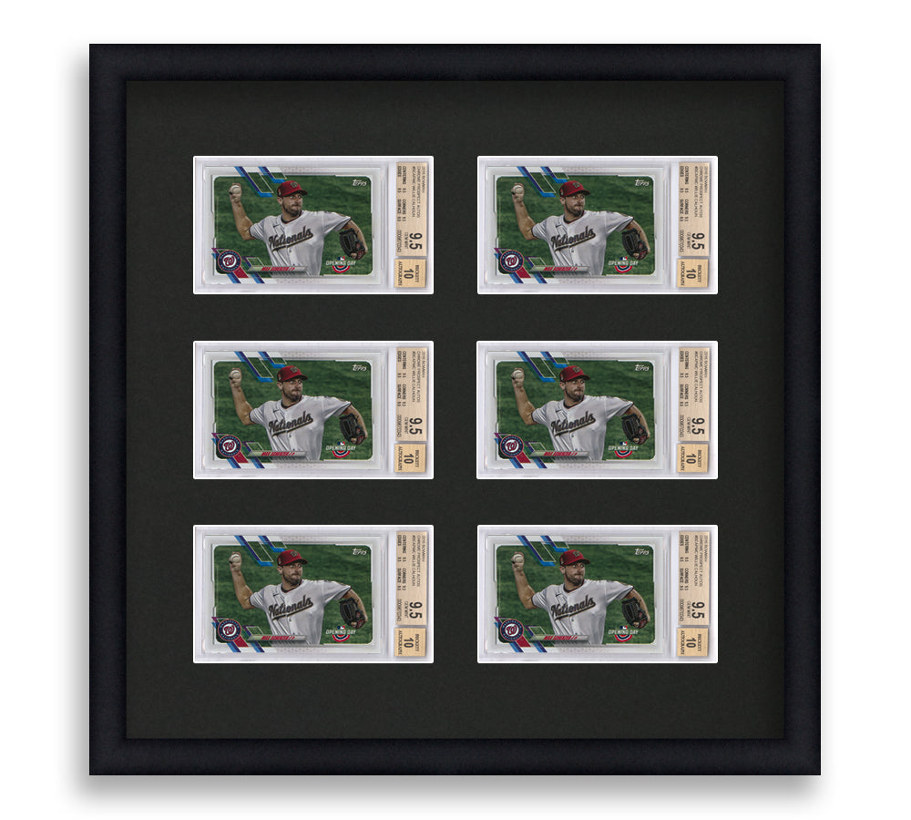 BGS Framed Card Display holds 6 horizontal BGS graded slabs in a 3x2 layout with a black background and black frame