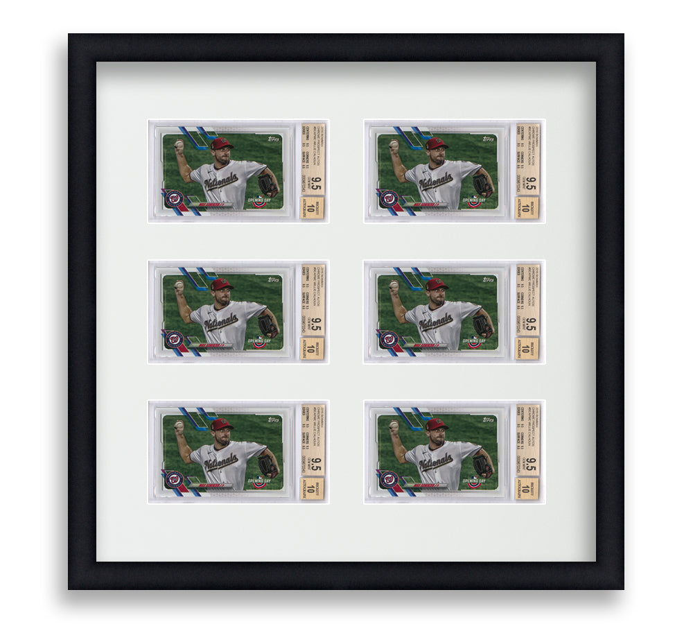 BGS Framed Card Display holds 6 horizontal BGS graded slabs in a 3x2 layout with a white background and black frame