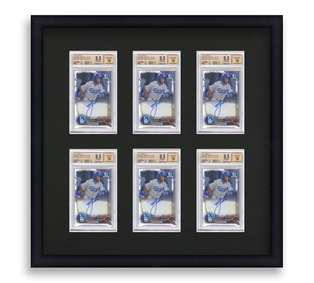 BGS Framed Card Display holds 6 BGS graded slabs in a 2x3 layout with a black background and black frame