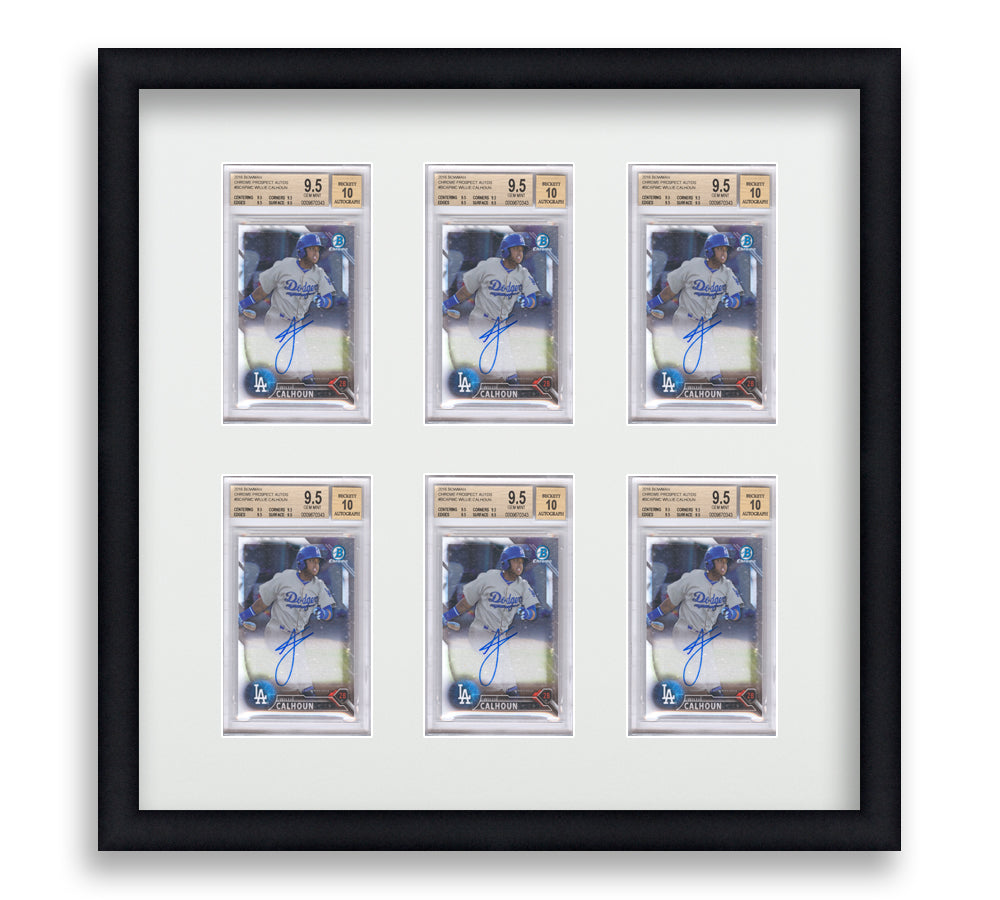 BGS Framed Card Display holds 6 BGS graded slabs in a 2x3 layout with a white background and black frame