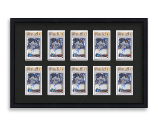 BGS Framed Card Display holds 10 BGS graded slabs in a 2x5 layout with a black background and black frame