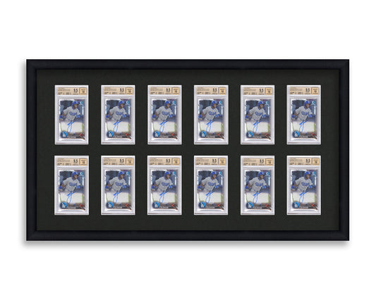 BGS Framed Card Display holds 12 BGS graded slabs in a 2x6 layout with a black background and black frame