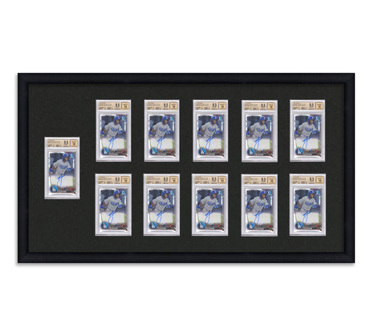 Framed Card Display for BGS Graded card slabs with a 2x5+1 Layout, black background and black frame