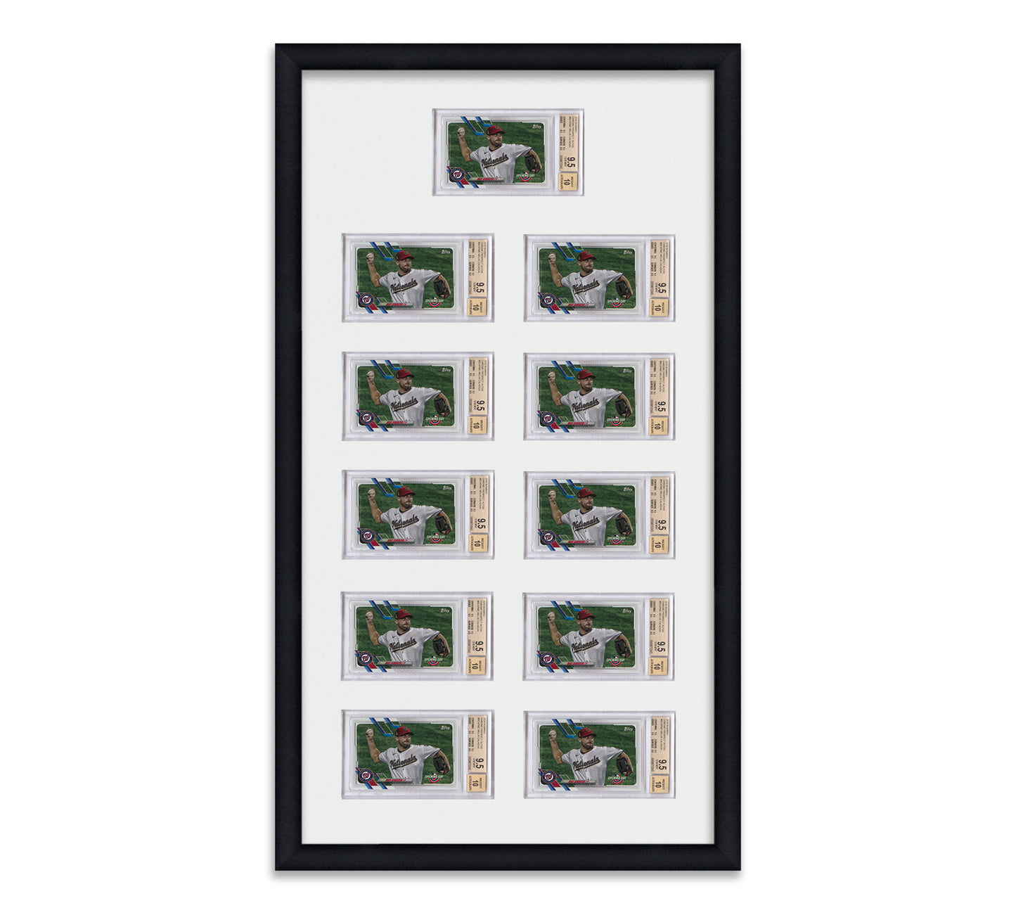 Framed Card Display for horizontal BGS graded card slabs in a 2x5+1 layout with a white background and black frame