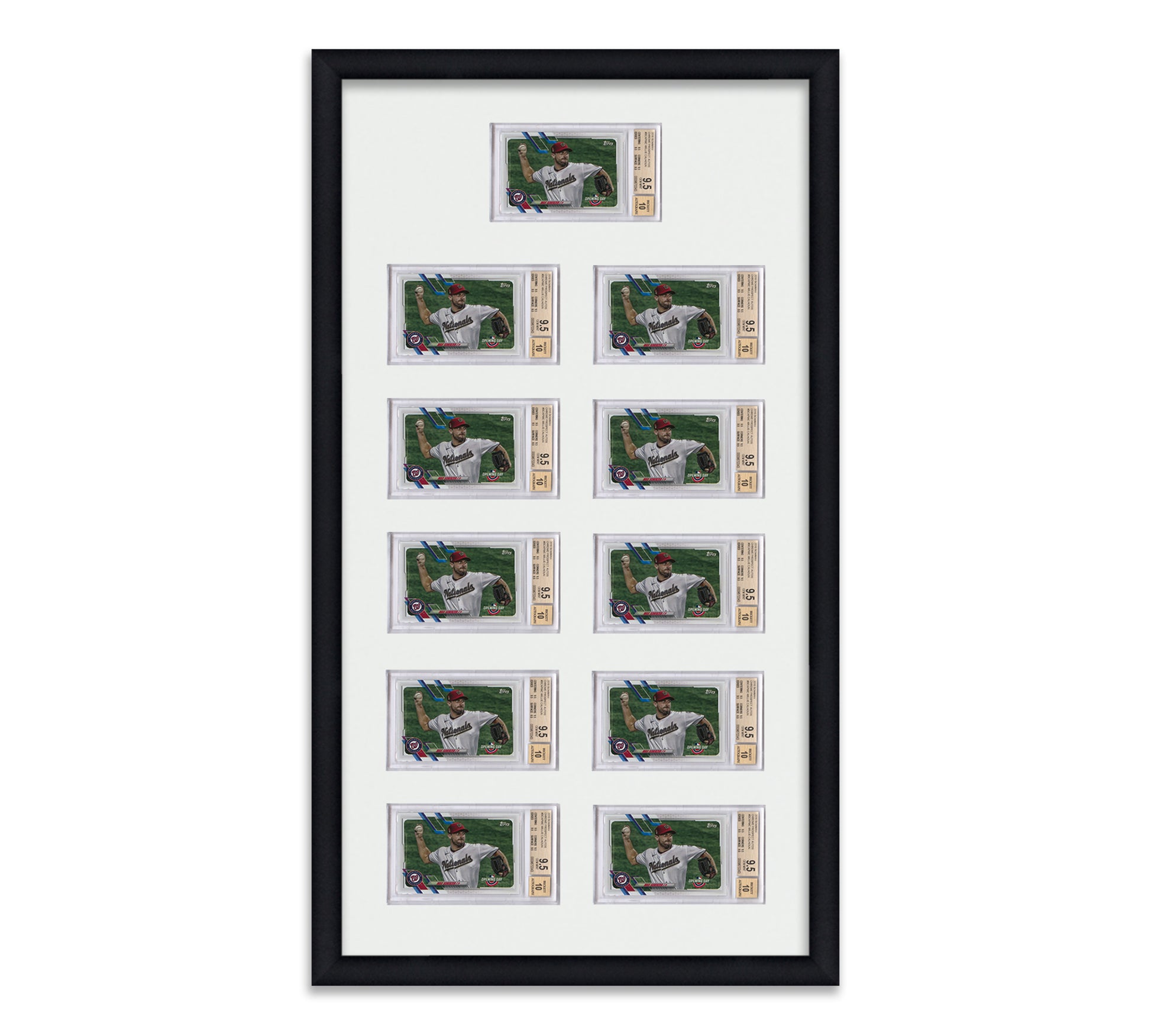 Framed Card Display for horizontal BGS graded card slabs in a 2x5+1 layout with a white background and black frame