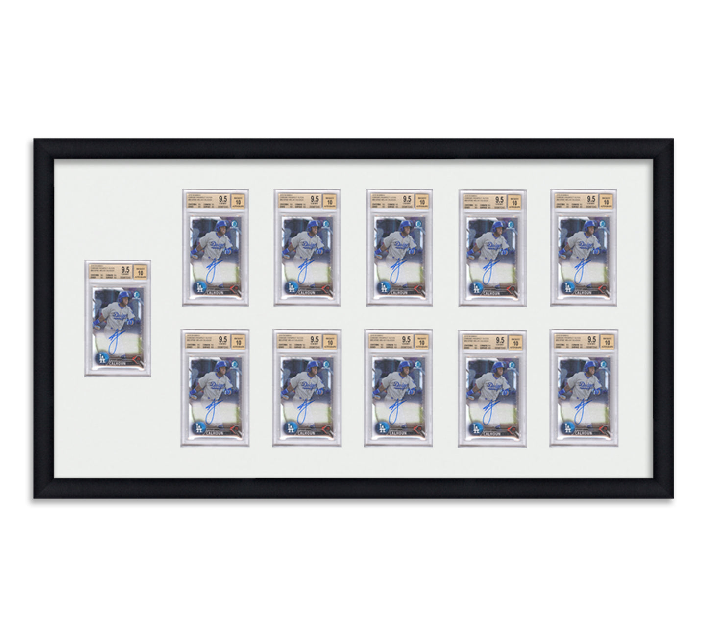 Framed Card Display for BGS Graded card slabs in a 2x5+1 layout with a white background and black frame