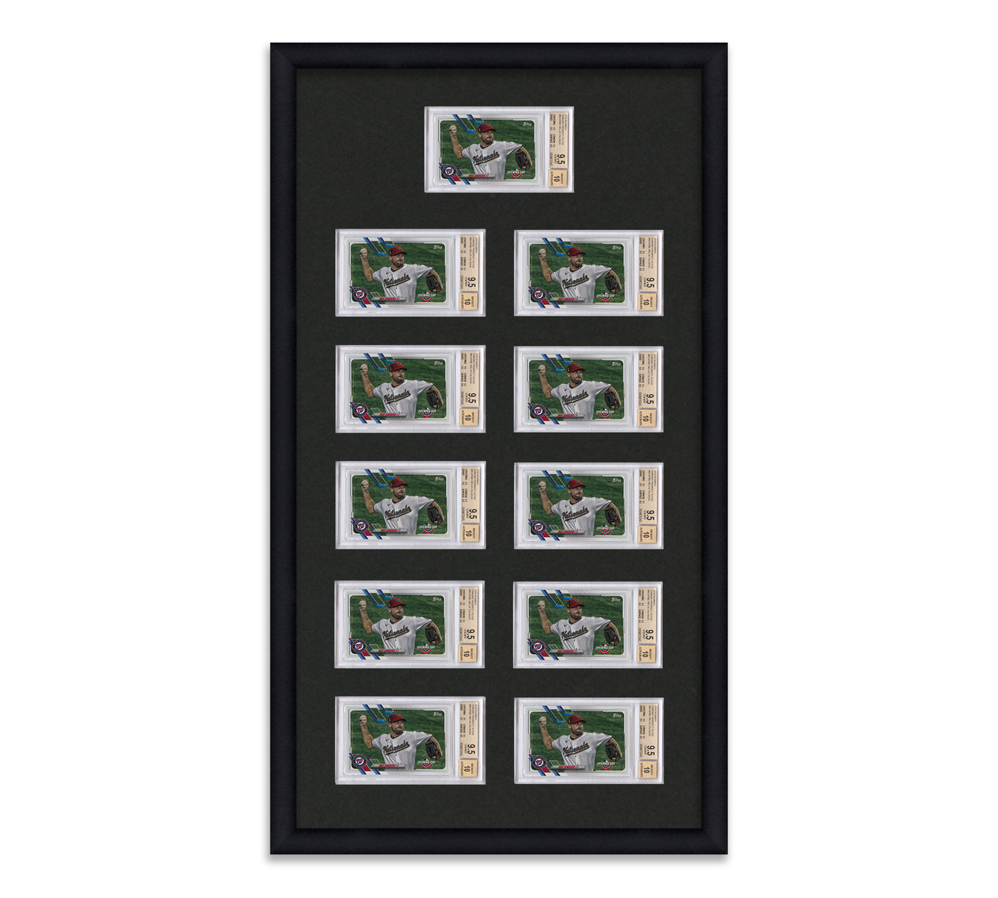 Framed Card Display for horisontal BGS Graded card slabs in a 2x5+1 layout with a black background and black frame