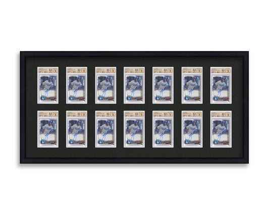 BGS Framed Card Display holds 14 BGS graded slabs in a 2x8 layout with a black background and black frame