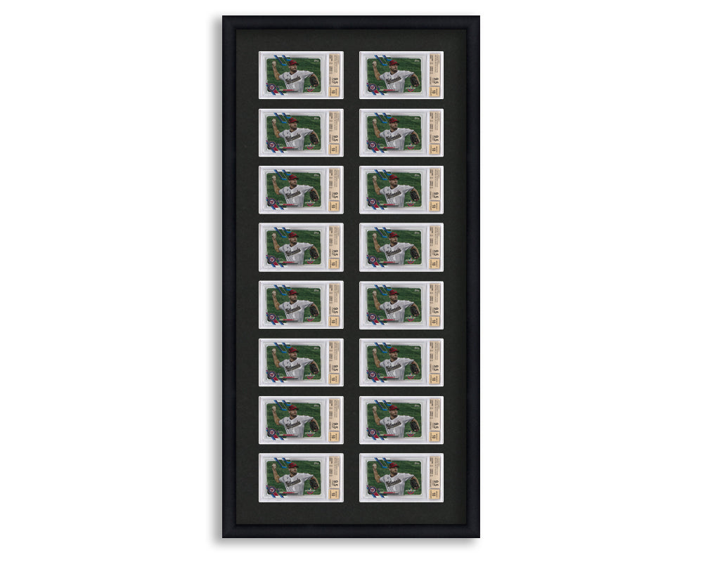 BGS Framed Card Display holds 16 horizontal BGS graded slabs in an 8x2 layout with a black background and black frame