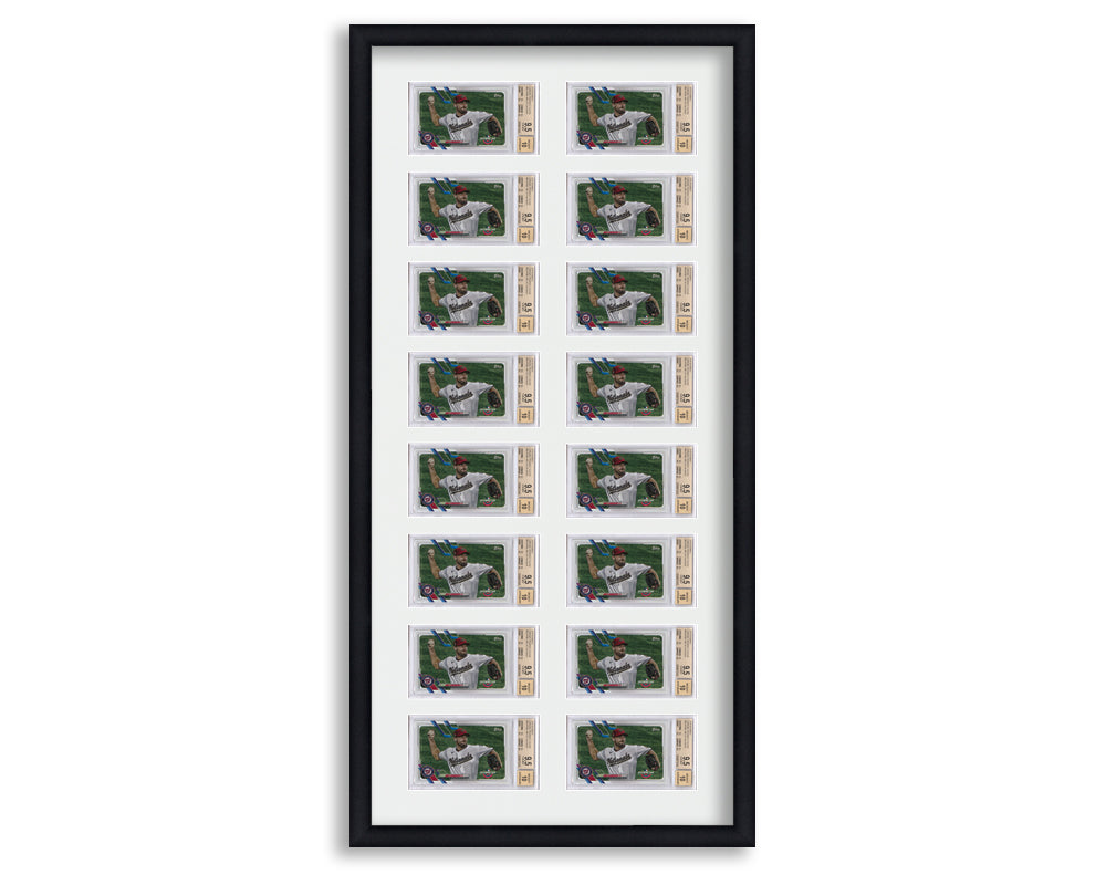 BGS Framed Card Display holds 16 horizontal BGS graded slabs in an 8x2 layout with a white background and black frame