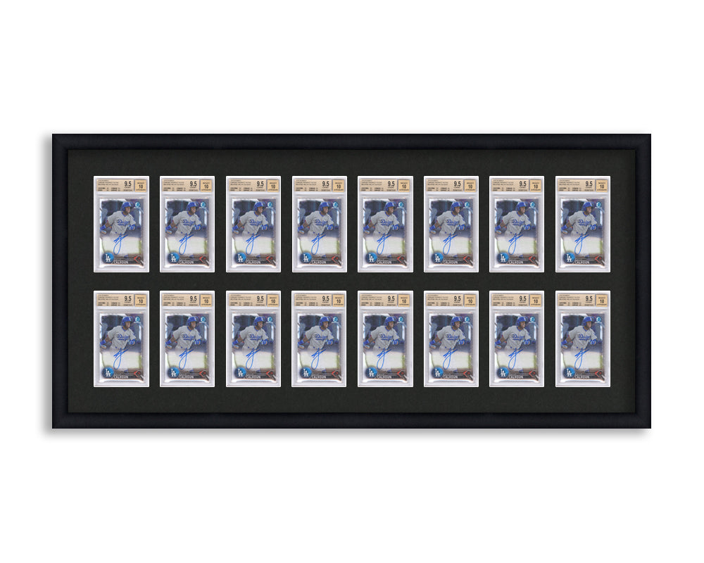 BGS Framed Card Display holds 16 BGS graded slabs in a 2x8 layout with a black background and black frame