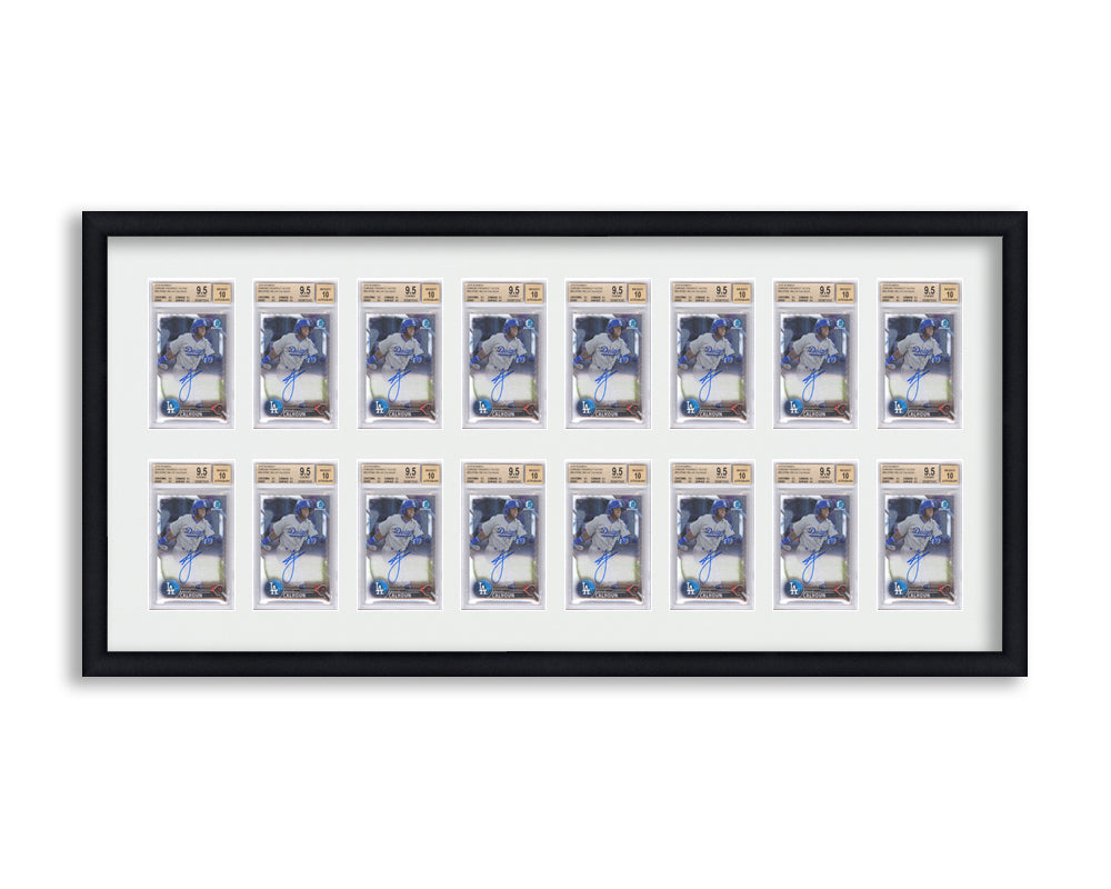 BGS Framed Card Display holds 16 BGS graded slabs in a 2x8 layout with a white background and black frame