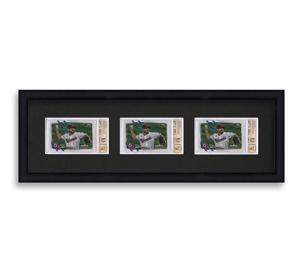 BGS Framed Card Display holds 3 horizontal BGS graded slabs in a 3 wide layout with a black background and black frame