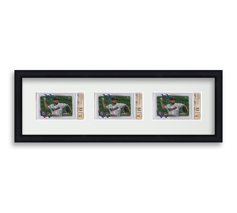 BGS Framed Card Display holds 3 horizontal BGS graded slabs in a 3 wide layout with a white background and black frame