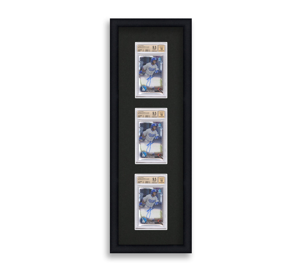 BGS Framed Card Display holds 3 BGS graded slabs in a 3 up layout with a black background and black frame