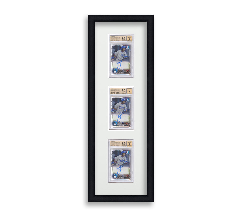 BGS Framed Card Display holds 3 BGS graded slabs in a 3 up layout with a white background and black frame