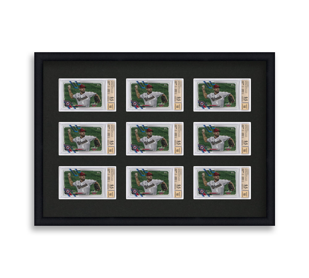 BGS Framed Card Display holds 9 horizontal BGS graded slabs in a 3x3 layout with a black background and black frame