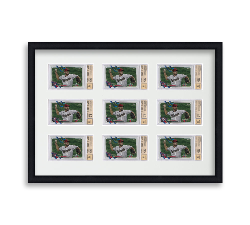 BGS Framed Card Display holds 9 horizontal BGS graded slabs in a 3x3 layout with a white background and black frame