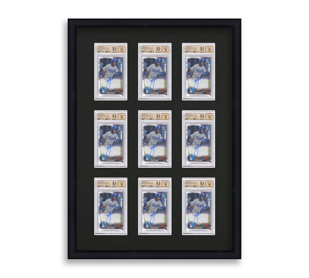 BGS Framed Card Display holds 9 BGS graded slabs in a 3x3 layout with a black background and black frame