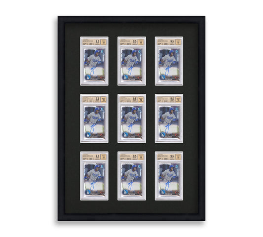 BGS Framed Card Display holds 9 BGS graded slabs in a 3x3 layout with a black background and black frame