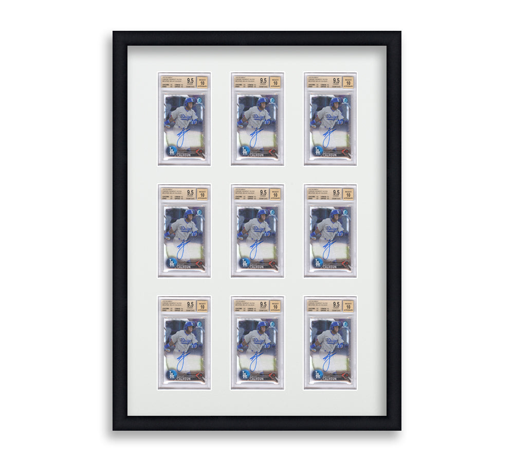 BGS Framed Card Display holds 9 BGS graded slabs in a 3x3 layout with a white background and black frame