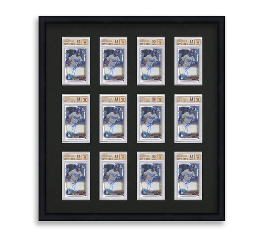 BGS Framed Card Display holds 12 BGS graded slabs in a 3x4 layout with a black background and black frame