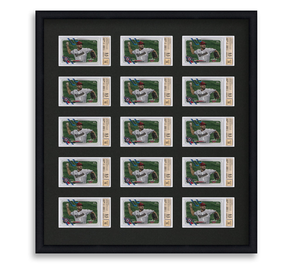 BGS Framed Card Display holds 15 horizontal BGS graded slabs in a 5x3 layout with a black background and black frame