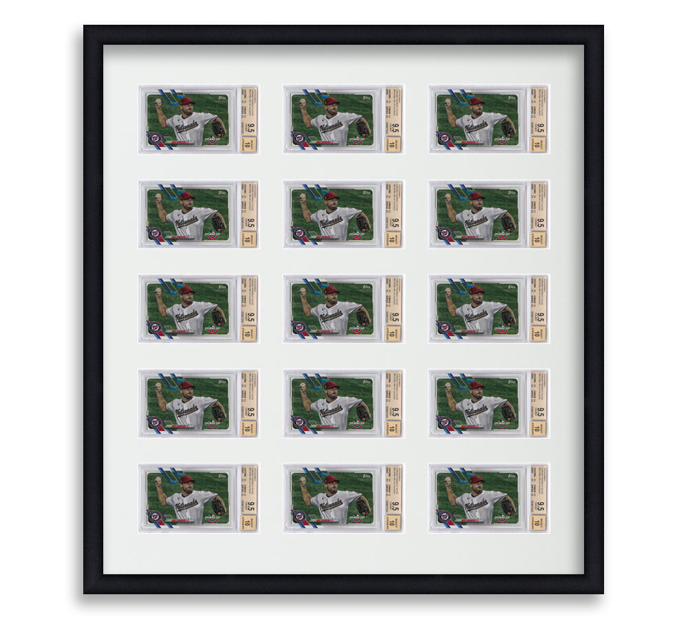 BGS Framed Card Display holds 15 horizontal BGS graded slabs in a 5x3 layout with a white background and black frame