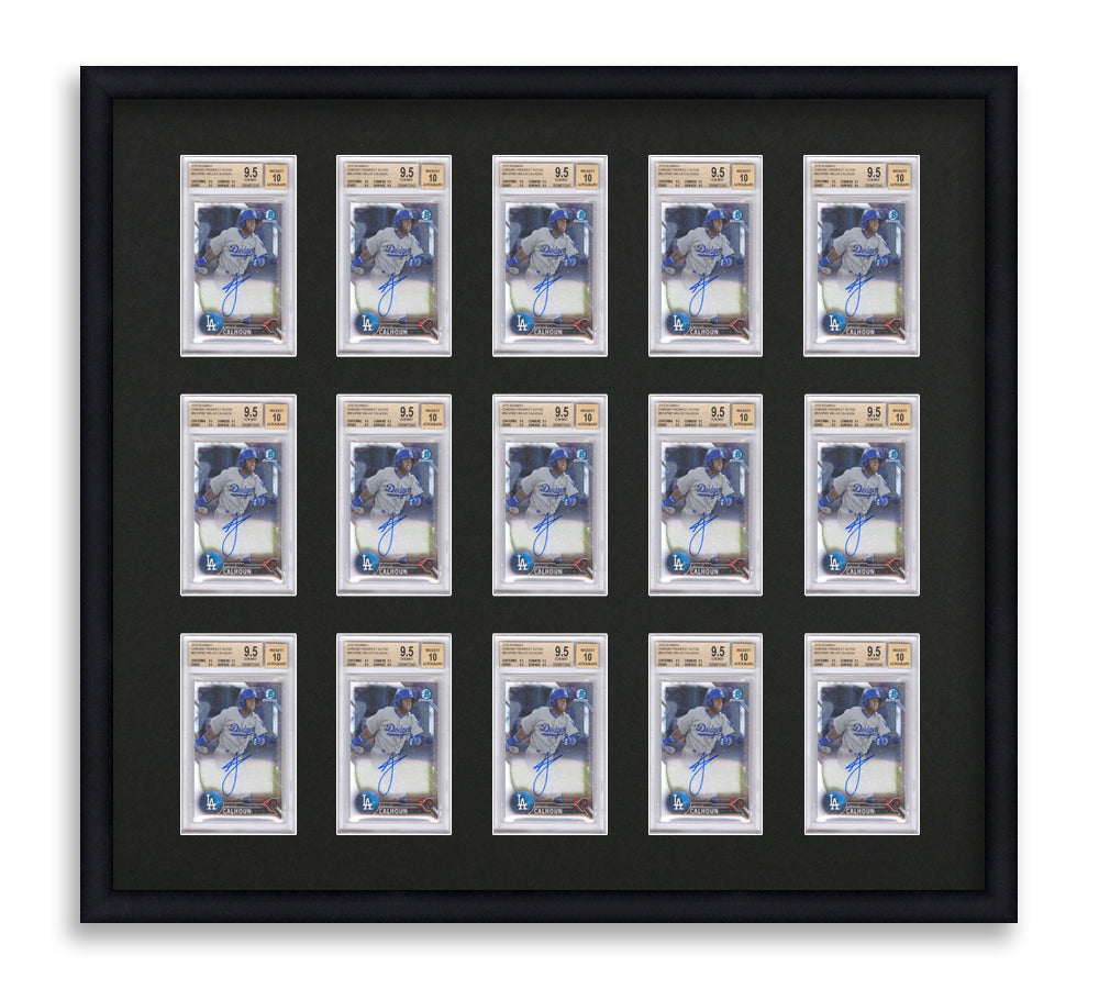 BGS Framed Card Display holds 15 BGS graded slabs in a 3x5 layout with a black background and black frame