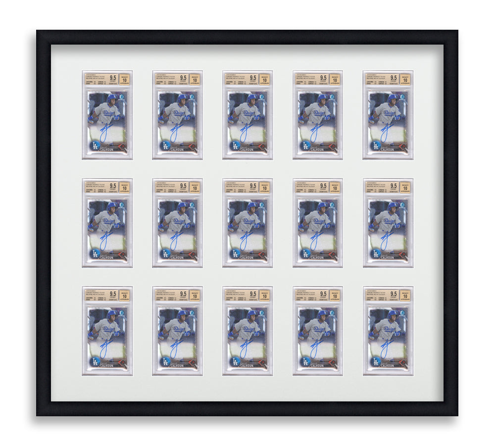 BGS Framed Card Display holds 15 BGS graded slabs in a 3x5 layout with a white background and black frame