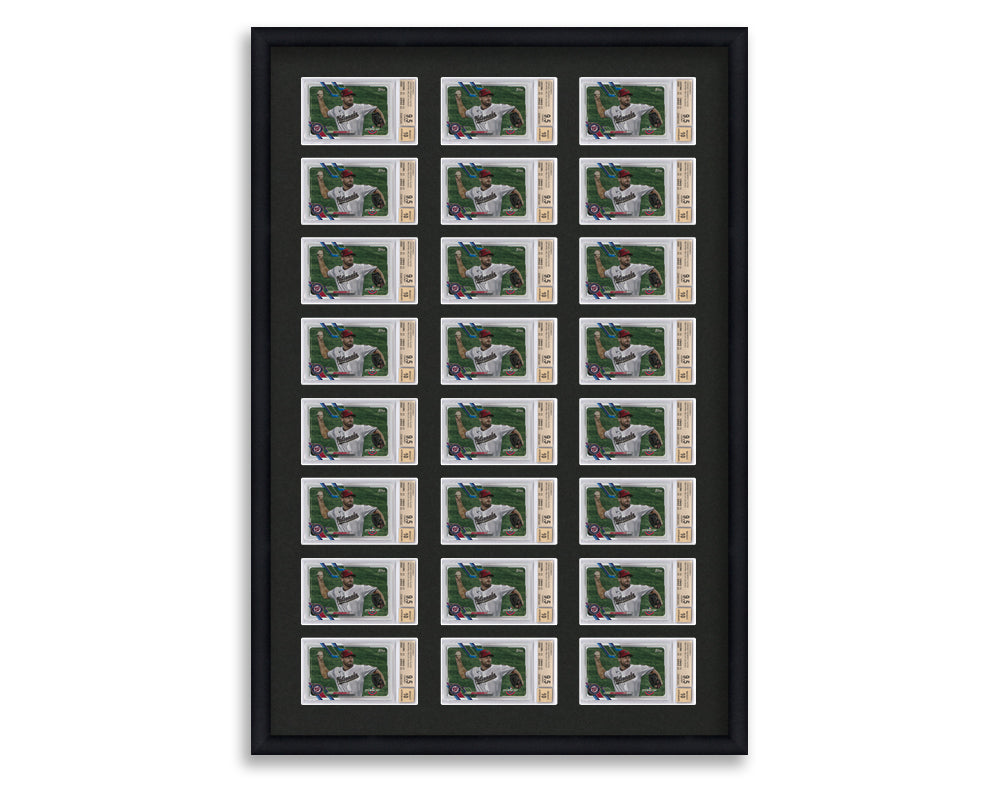 BGS Framed Card Display holds 24 horizontal BGS graded slabs in an 8x3 layout with a black background and black frame