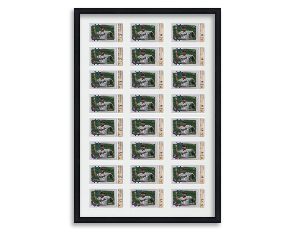 BGS Framed Card Display holds 24 horizontal BGS graded slabs in an 8x3 layout with a white background and black frame