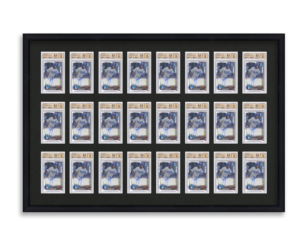 BGS Framed Card Display holds 24 BGS graded slabs in a 3x8 layout with a black background and black frame