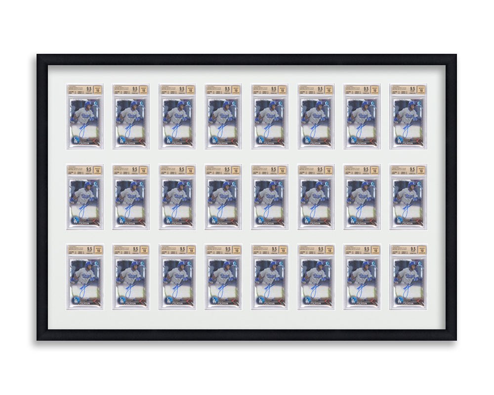 BGS Framed Card Display holds 24 BGS graded slabs in a 3x8 layout with a white background and black frame