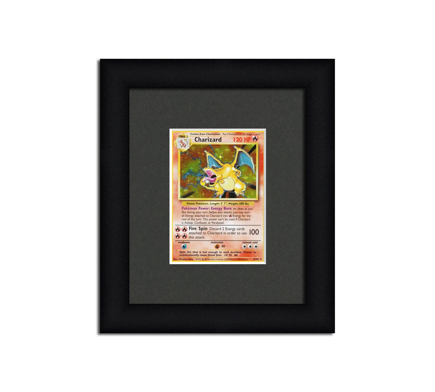 Framed Card Display for a trading card in a sleeve with a black background and black frame