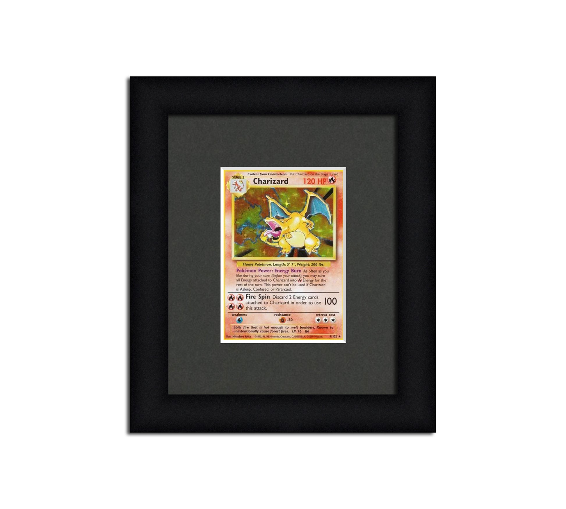 Framed Card Display for a trading card in a sleeve with a black background and black frame