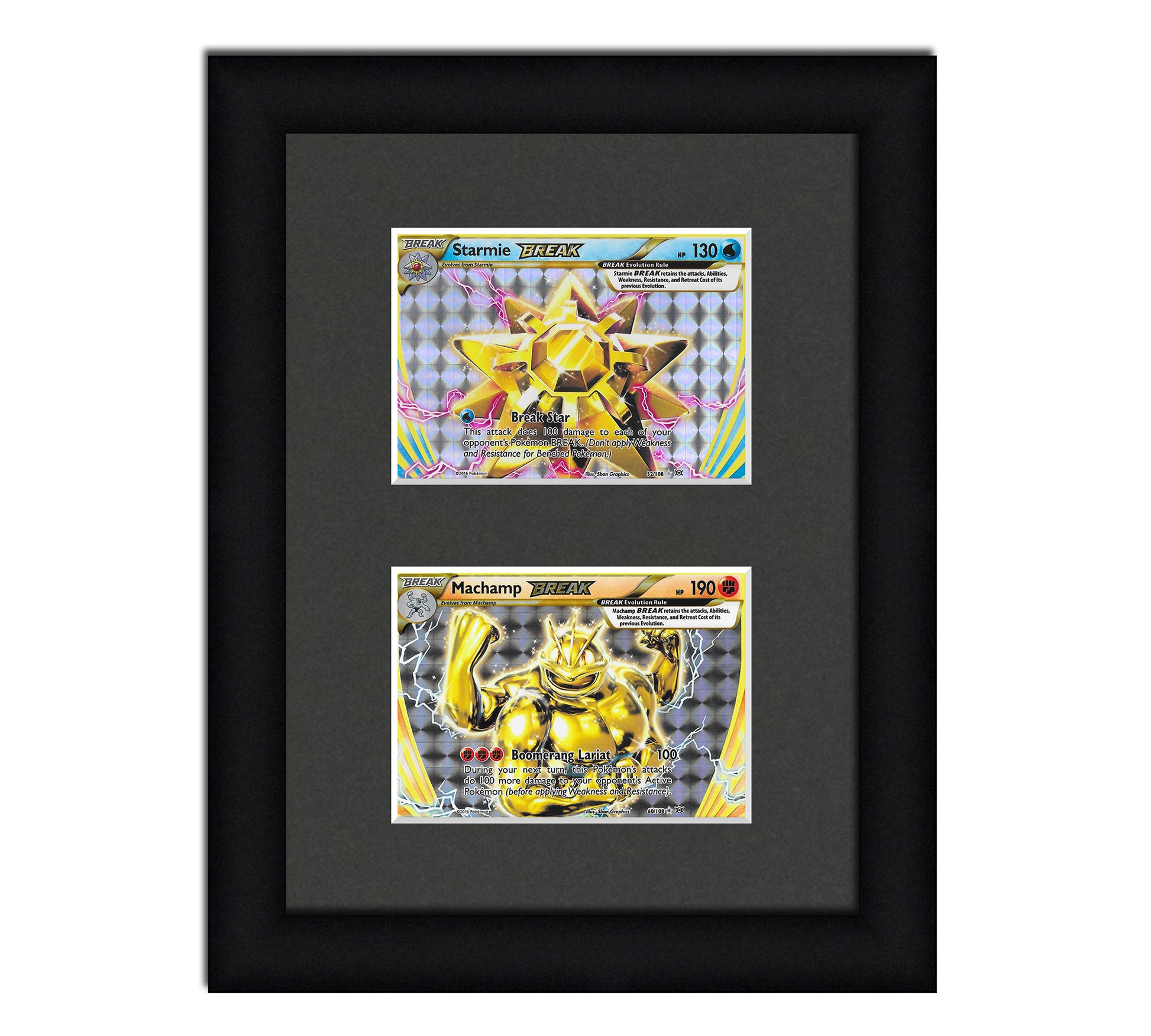 Framed Card Display for horizontal cards in sleeves in a 2 up layout with a black background and black frame