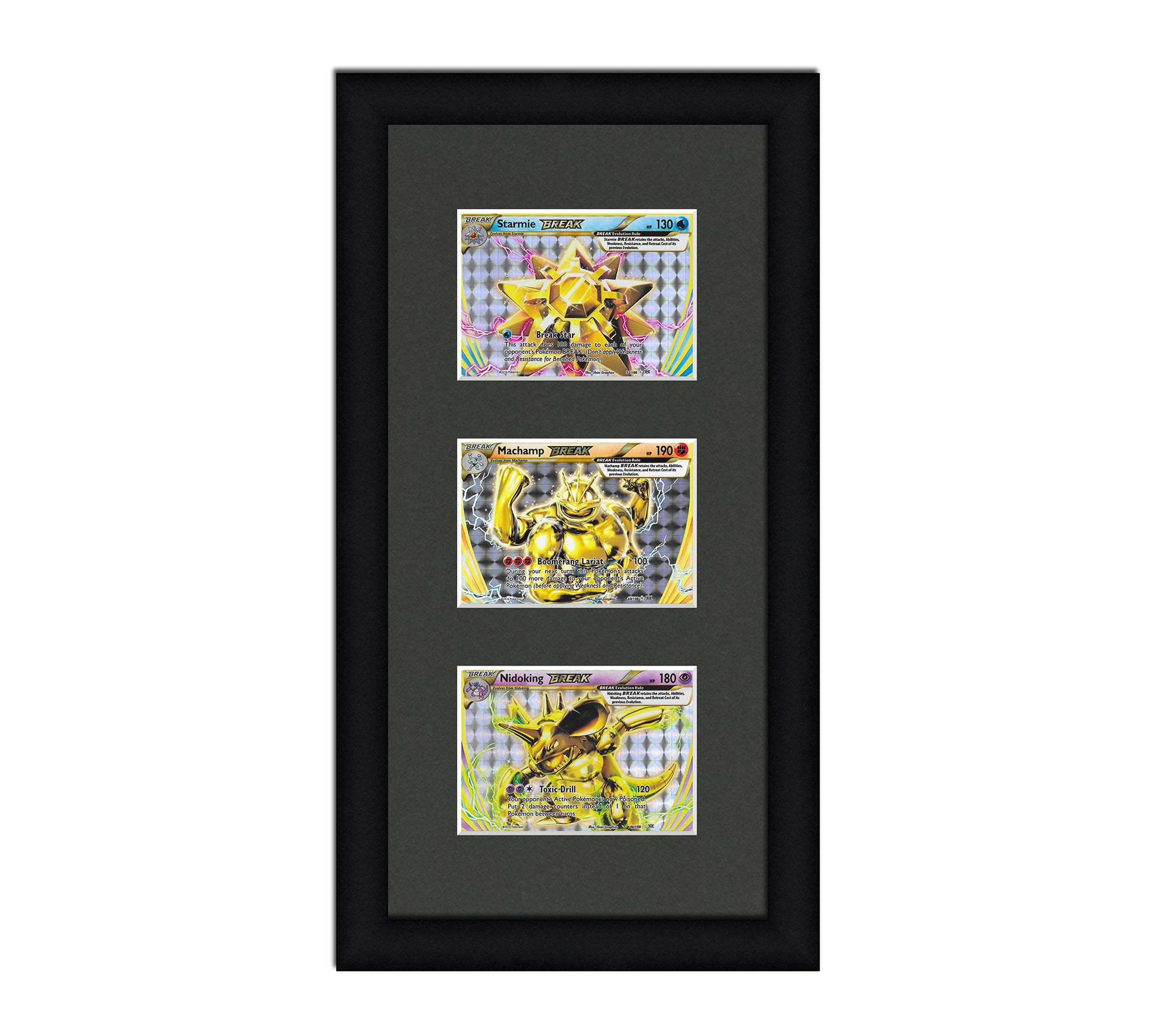 Framed Card Display for horizontal cards in sleeves in a 3 up layout with a black background and black frame