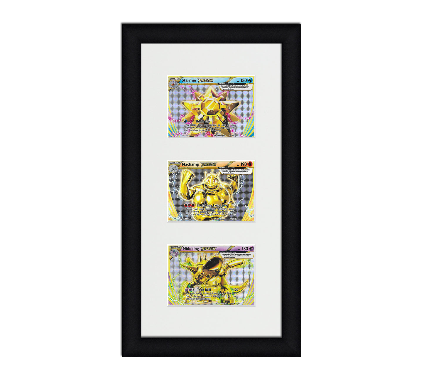 Framed Card Display for horizontal cards in sleeves in a 3 up layout with a white background and black frame