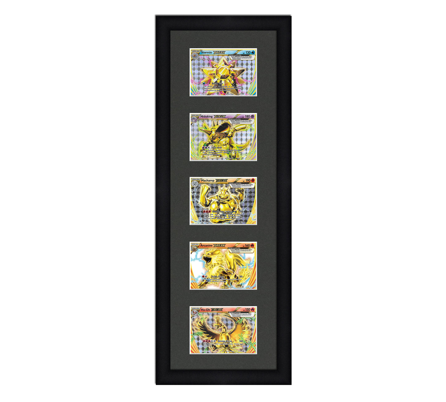 Framed Card Display for horizontal cards in sleeves in a 5 up layout with a black background and black frame