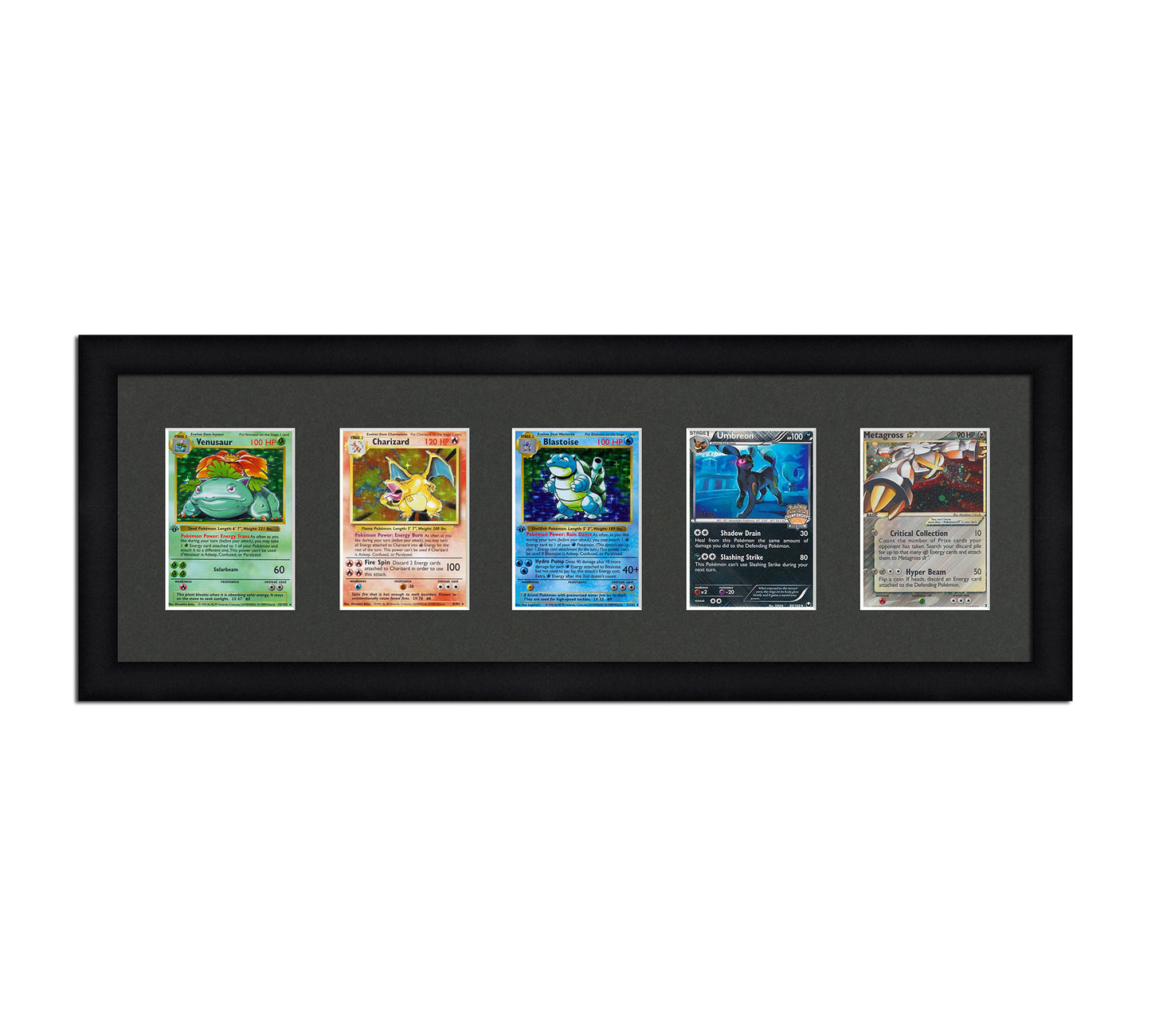 Framed Card Display for cards in sleeves in a 5 wide layout with a black background and black frame