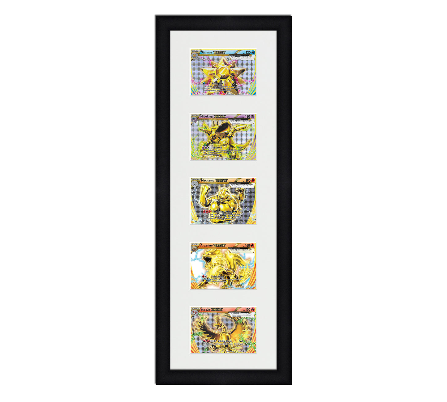 Framed Card Display for horizontal cards in sleeves in a 5 up layout with a white background and black frame