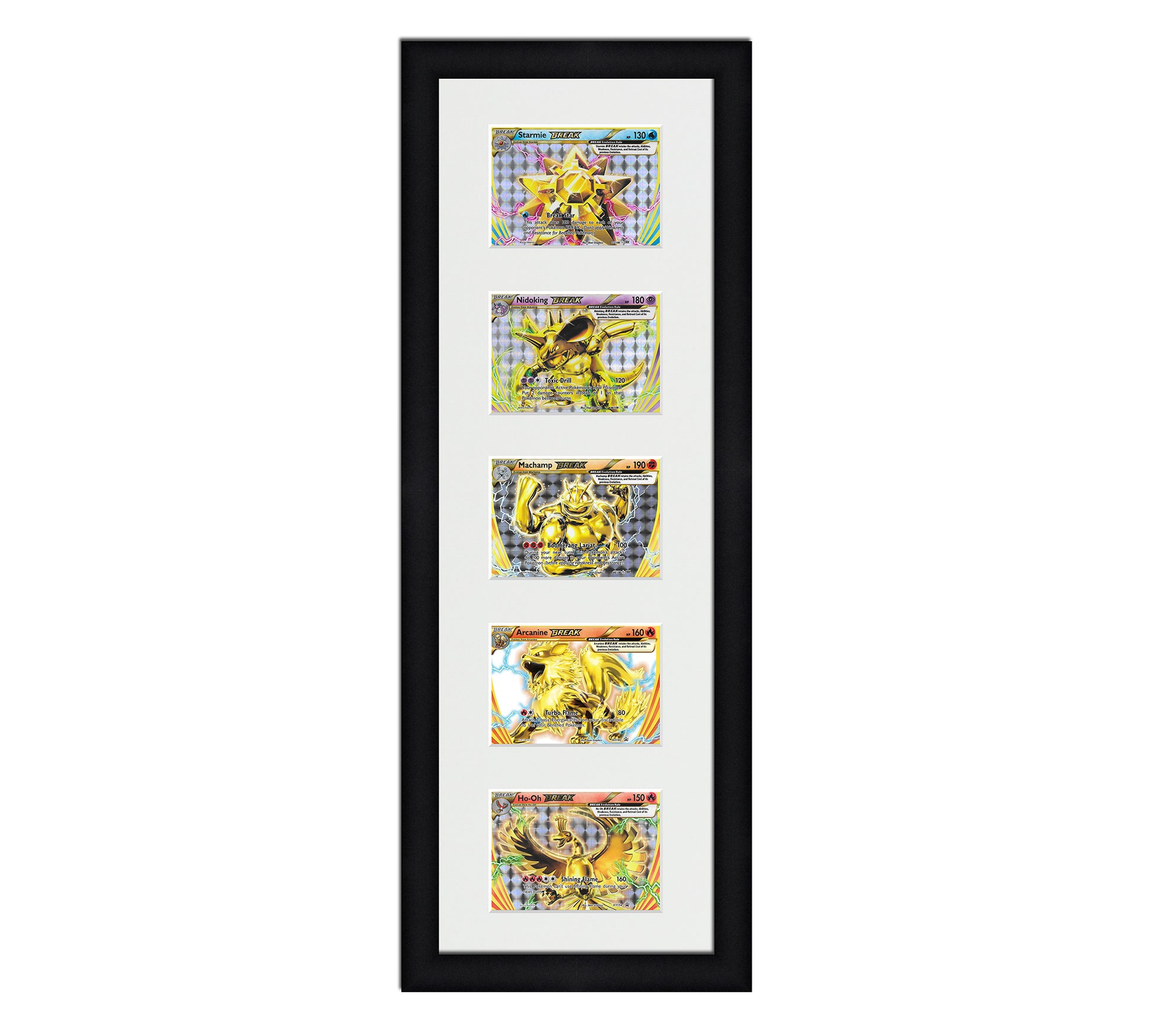 Framed Card Display for horizontal cards in sleeves in a 5 up layout with a white background and black frame