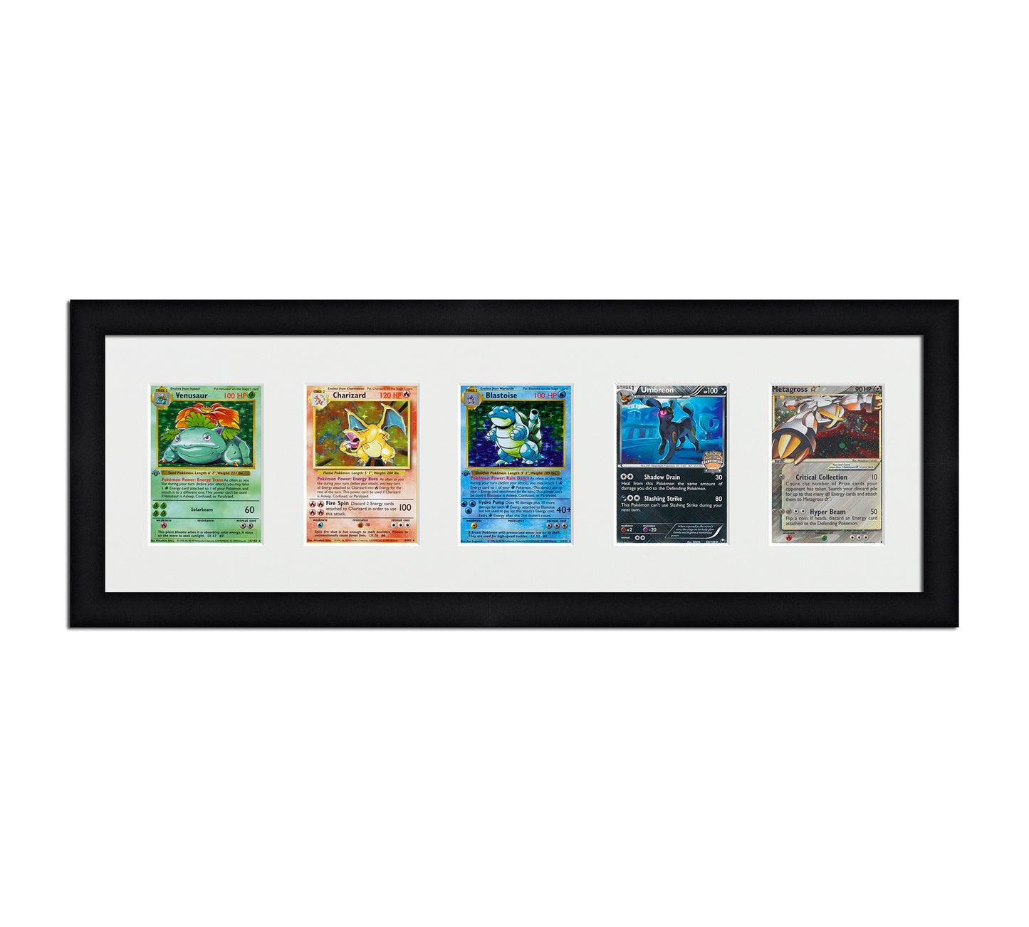 Framed Card Display for cards in sleeves in a 5 wide layout with a white background and black frame