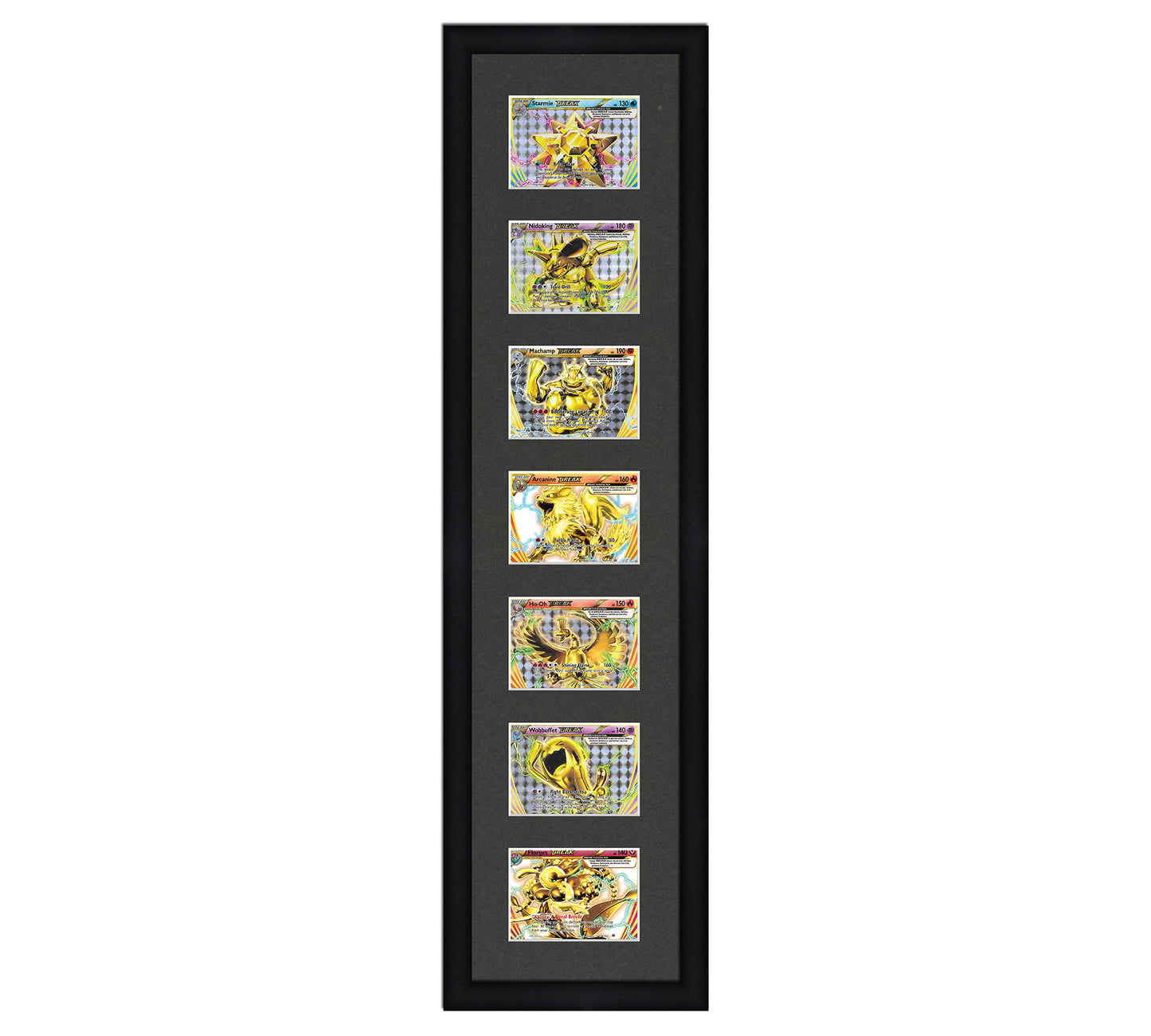 Framed Card Display for horizontal cards in sleeves in a 7 up layout with a black background and black frame