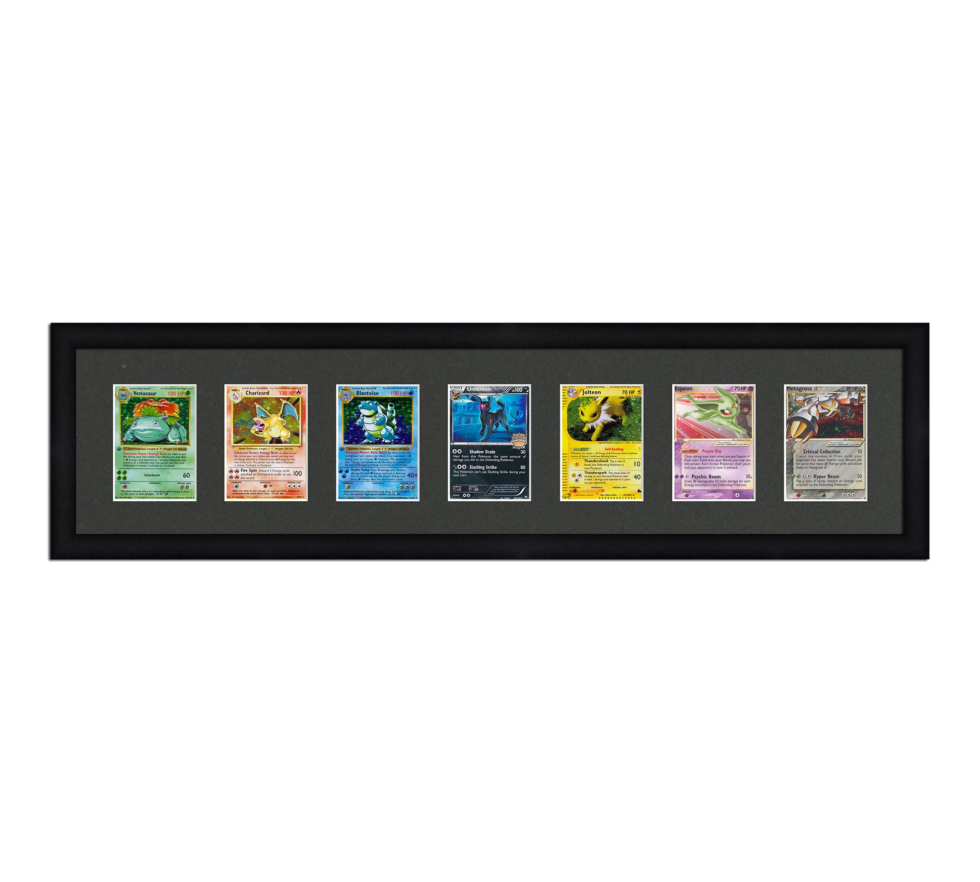 Framed Card Display for cards in sleeves in a 7 wide layout with a black background and black frame